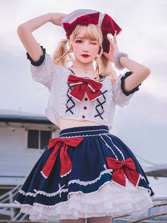 ネイビー スタイル ロリータ衣装ディープ ブルー フリル弓半袖トップ スカート