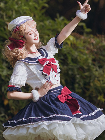 ネイビー スタイル ロリータ衣装ディープ ブルー フリル弓半袖トップ スカート