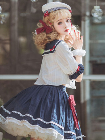 ネイビー スタイル ロリータ衣装ディープ ブルー フリル弓半袖トップ スカート