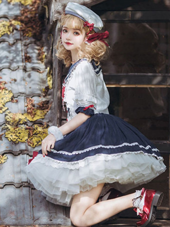 ネイビー スタイル ロリータ衣装ディープ ブルー フリル弓半袖トップ スカート