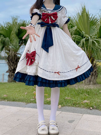 ディープブルースウィートロリータドレス ポリエステル ショートスリーブドレス ネイビースタイルロリータドレス