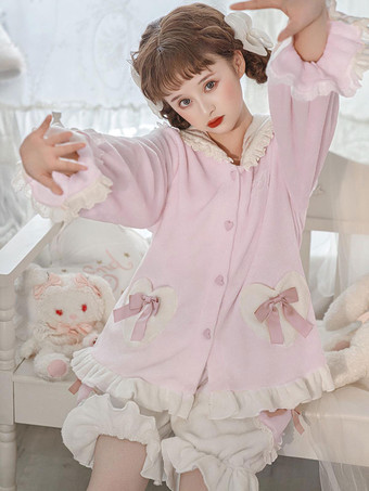 ネイビー スタイルのロリータ衣装ピンク フリル弓長袖パンツ トップ
