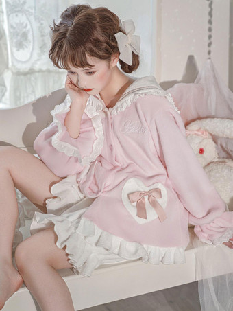 ネイビー スタイルのロリータ衣装ピンク フリル弓長袖パンツ トップ
