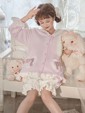 ネイビー スタイルのロリータ衣装ピンク フリル弓長袖パンツ トップ