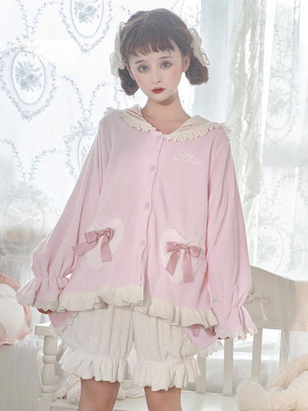 ネイビー スタイルのロリータ衣装ピンク フリル弓長袖パンツ トップ