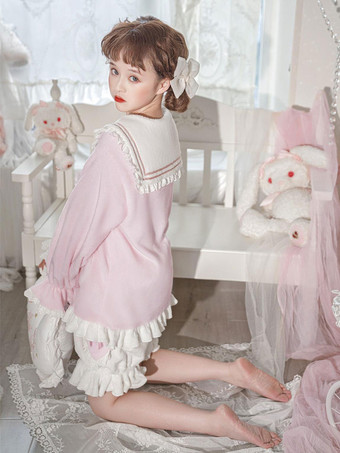 ネイビー スタイルのロリータ衣装ピンク フリル弓長袖パンツ トップ