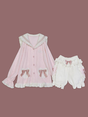 ネイビー スタイルのロリータ衣装ピンク フリル弓長袖パンツ トップ