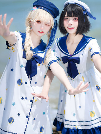 【ストレートスカート】甘ロリータワンピース ポリエステル 半袖 ネイビー系ワンピース ロリータワンピース