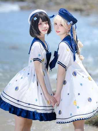 【ストレートスカート】甘ロリータワンピース ポリエステル 半袖 ネイビー系ワンピース ロリータワンピース