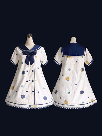 【ストレートスカート】甘ロリータワンピース ポリエステル 半袖 ネイビー系ワンピース ロリータワンピース