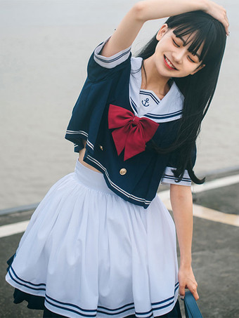 ブルー カレッジネイビーロリータ衣装ブルーリボン半袖トップスカート