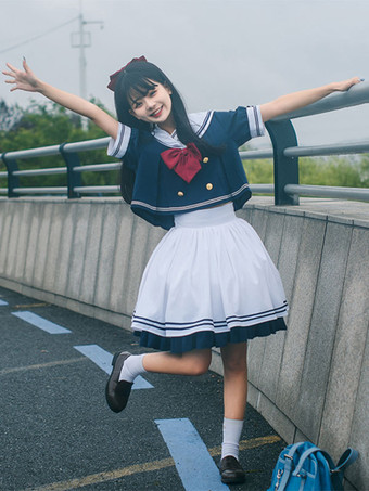 カレッジネイビーロリータ衣装ブルーリボン半袖トップスカート