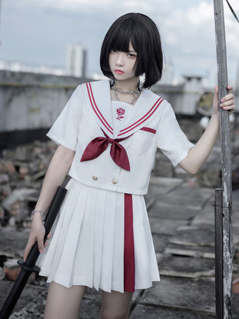 ホワイト アカデミック ロリータ衣装 ホワイト リボン 半袖 スカート トップ