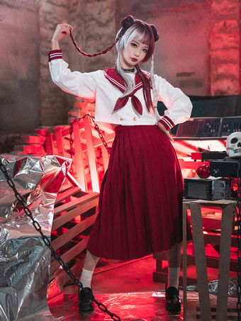 レッド アカデミック ロリータ衣装 ホワイト リボン 半袖 スカート トップ