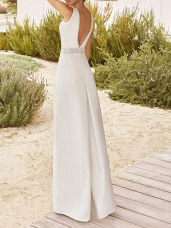 アイボリーブライダルジャンプスーツ レース フロアレングス Aライン Vネック ノースリーブ ウエスト上げジャンプスーツ