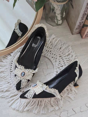 甘いロリータ フットウェア ピンク パール リボン フリル ポインテッド トゥ ロリータ パンプス