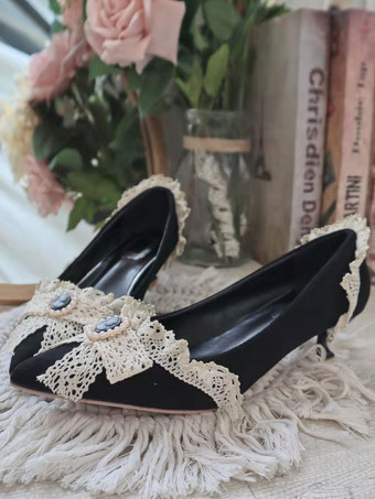 甘いロリータ フットウェア ピンク パール リボン フリル ポインテッド トゥ ロリータ パンプス