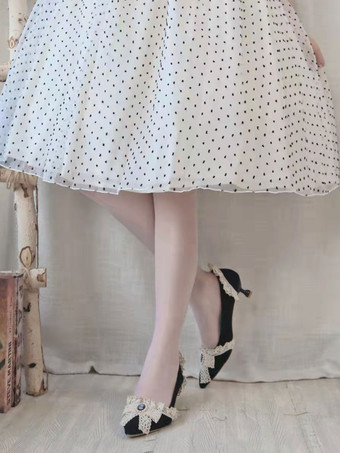 ブラック 甘いロリータ フットウェア ピンク パール リボン フリル ポインテッド トゥ ロリータ パンプス