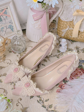 甘いロリータ フットウェア ピンク パール リボン フリル ポインテッド トゥ ロリータ パンプス