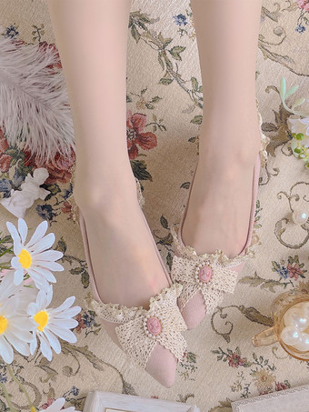 甘いロリータ フットウェア ピンク パール リボン フリル ポインテッド トゥ ロリータ パンプス