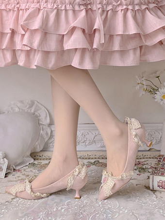 甘いロリータ フットウェア ピンク パール リボン フリル ポインテッド トゥ ロリータ パンプス