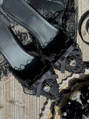 ロリータ ウェディング ドレス ロリータ フットウェア ブラック フリル ボウ スチレット ヒール ロリータ シューズ