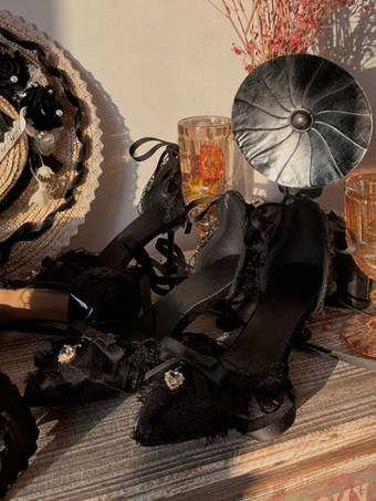 ブラック ロリータ ウェディング ドレス ロリータ フットウェア ブラック フリル ボウ スチレット ヒール ロリータ シューズ