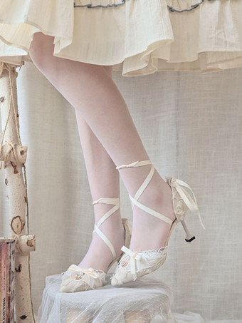 Vestido de Noiva Lolita Calçado Lolita Preto Folhos Laço Salto Agulha Sapatos Lolita