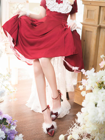 ロリータ ウェディング ドレス ロリータ靴 赤いリボン スティレットヒール ロリータ パンプス