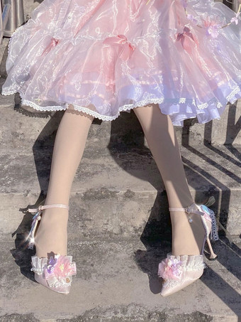 ロリータ ウェディングドレス ロリータ フットウェア ピンク 花 レース フリル ポインテッドトゥ サテン ロリータ パンプス