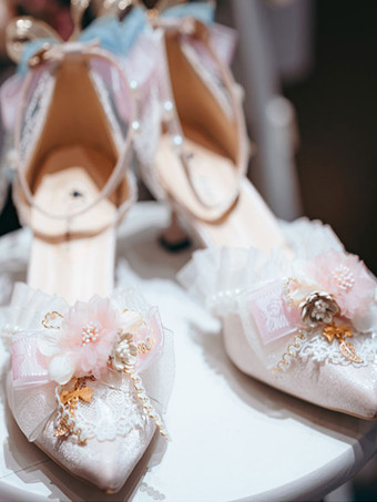 ロリータ ウェディングドレス ロリータ フットウェア ピンク 花 レース フリル ポインテッドトゥ サテン ロリータ パンプス