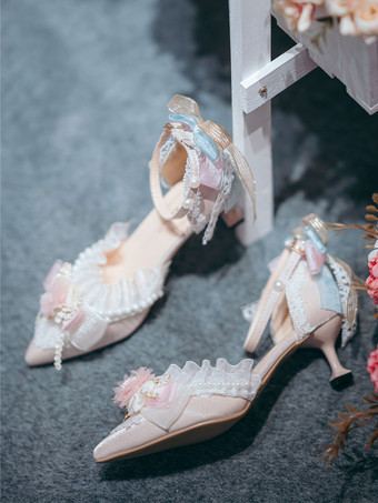 ロリータ ウェディングドレス ロリータ フットウェア ピンク 花 レース フリル ポインテッドトゥ サテン ロリータ パンプス