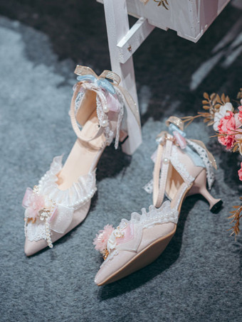 ロリータ ウェディングドレス ロリータ フットウェア ピンク 花 レース フリル ポインテッドトゥ サテン ロリータ パンプス