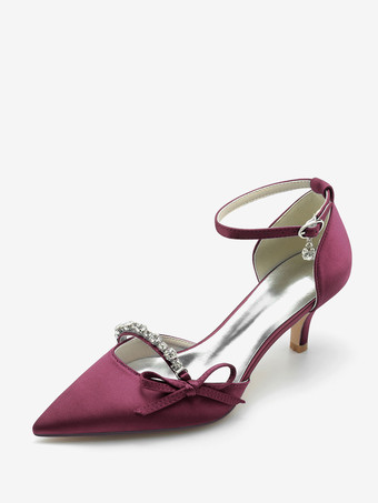 ワインレッド サテン ウェディングシューズ ポインテッドトゥ ラインストーン リボン ブライダルパンプス