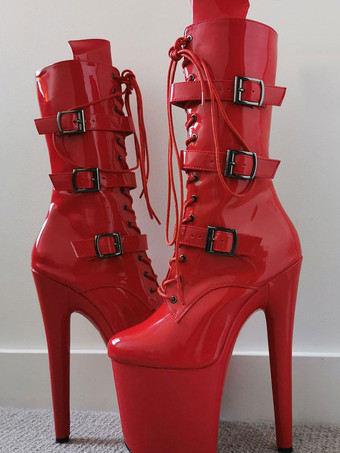 Rosso Stivali sexy dorati Piattaforma con punta tonda metallizzata Stivali stringati con fibbia con cerniera Taglie forti Scarpe da ballo con palo Tacchi spogliarellista dorati