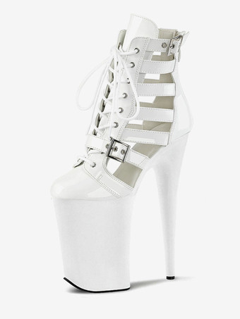 ホワイト プラスのサイズのセクシーなブーツ ラウンド トゥ ジッパー バックル アートワーク スティレット ヒール カット アウト ポール ダンス シューズ