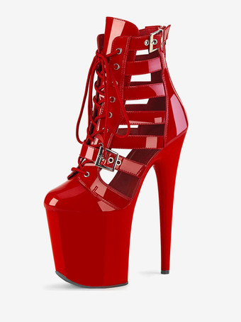 レッド プラスのサイズのセクシーなブーツ ラウンド トゥ ジッパー バックル アートワーク スティレット ヒール カット アウト ポール ダンス シューズ