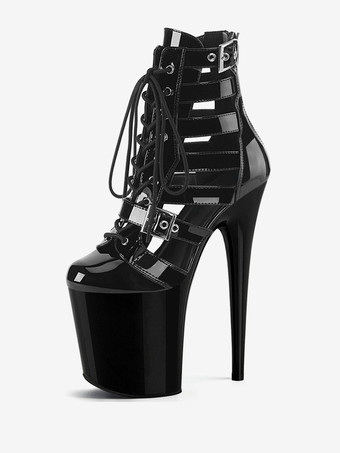 ブラック プラスのサイズのセクシーなブーツ ラウンド トゥ ジッパー バックル アートワーク スティレット ヒール カット アウト ポール ダンス シューズ