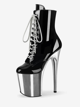 シルバー ブラック セクシー ハイヒール ブーツ ラウンドトゥ プラットフォーム レースアップ スカイハイ プラス サイズ ポール ダンス シューズ