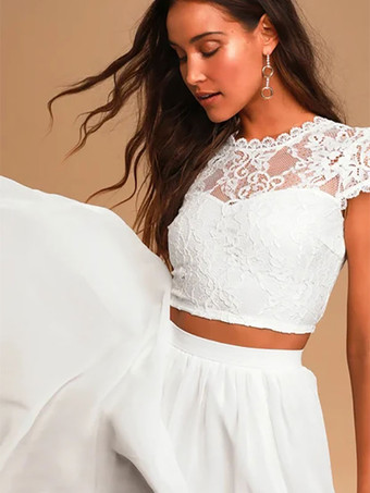 アイボリーのツーピースウェディングドレス シフォンレース ジュエルネック Aライン フロアレングス 半袖 ブライダルドレス