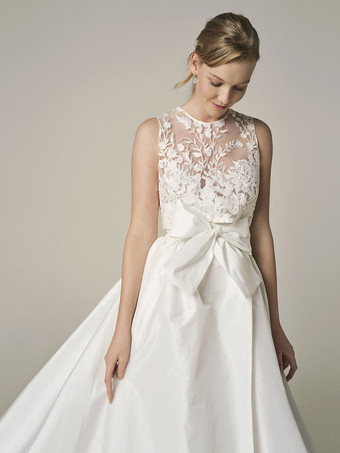 アイボリー ツーピース ウェディングドレス レース ジュエルネック Aライン くるぶし丈 ノースリーブ ブライダルドレス