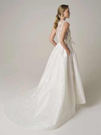 アイボリー ツーピース ウェディングドレス レース ジュエルネック Aライン くるぶし丈 ノースリーブ ブライダルドレス