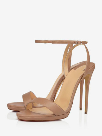 ディープアプリコットハイヒールサンダル女性オープントゥスティレットヒールアンクルストラップドレスシューズ