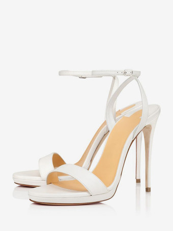 ホワイト ハイヒールサンダル女性オープントゥスティレットヒールアンクルストラップドレスシューズ