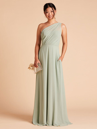 セージグリーンブライドメイドドレス シフォン Aライン マキシレングス フォーマルガウン 自由なカスタマイズ