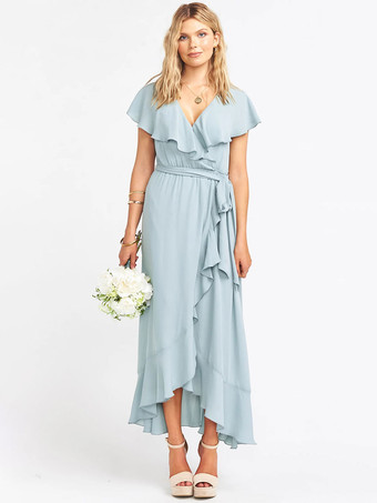 パステルブルーブライドメイドドレス Aライン くるぶし丈 シフォン フォーマルガウン 自由なカスタマイズ