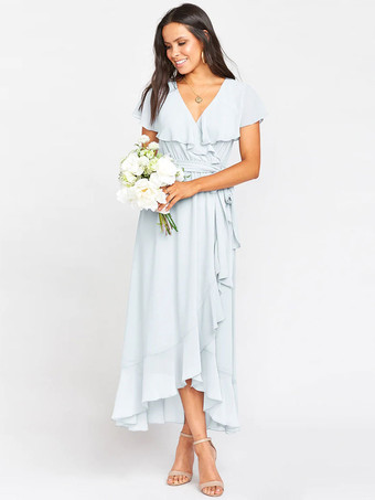 ベビーブルーブライドメイドドレス Aライン くるぶし丈 シフォン フォーマルガウン 自由なカスタマイズ