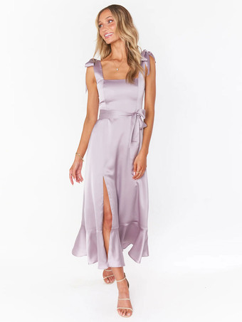 ライラックブライドメイドドレス Aライン マキシレングス バックレス フォーマルガウン 自由なカスタマイズ