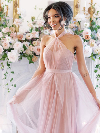ソフトピンクブライズメイドドレス Aライン マキシレングス バックレス チュール プロムドレス 自由なカスタマイズ