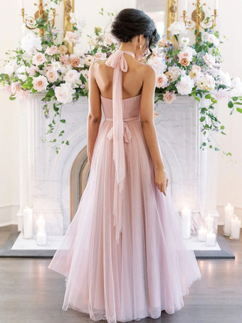 ブライズメイドドレス Aライン マキシレングス バックレス チュール プロムドレス 自由なカスタマイズ